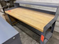 Butcher block top work table, 72" x 30" x 32" high, with overshelf