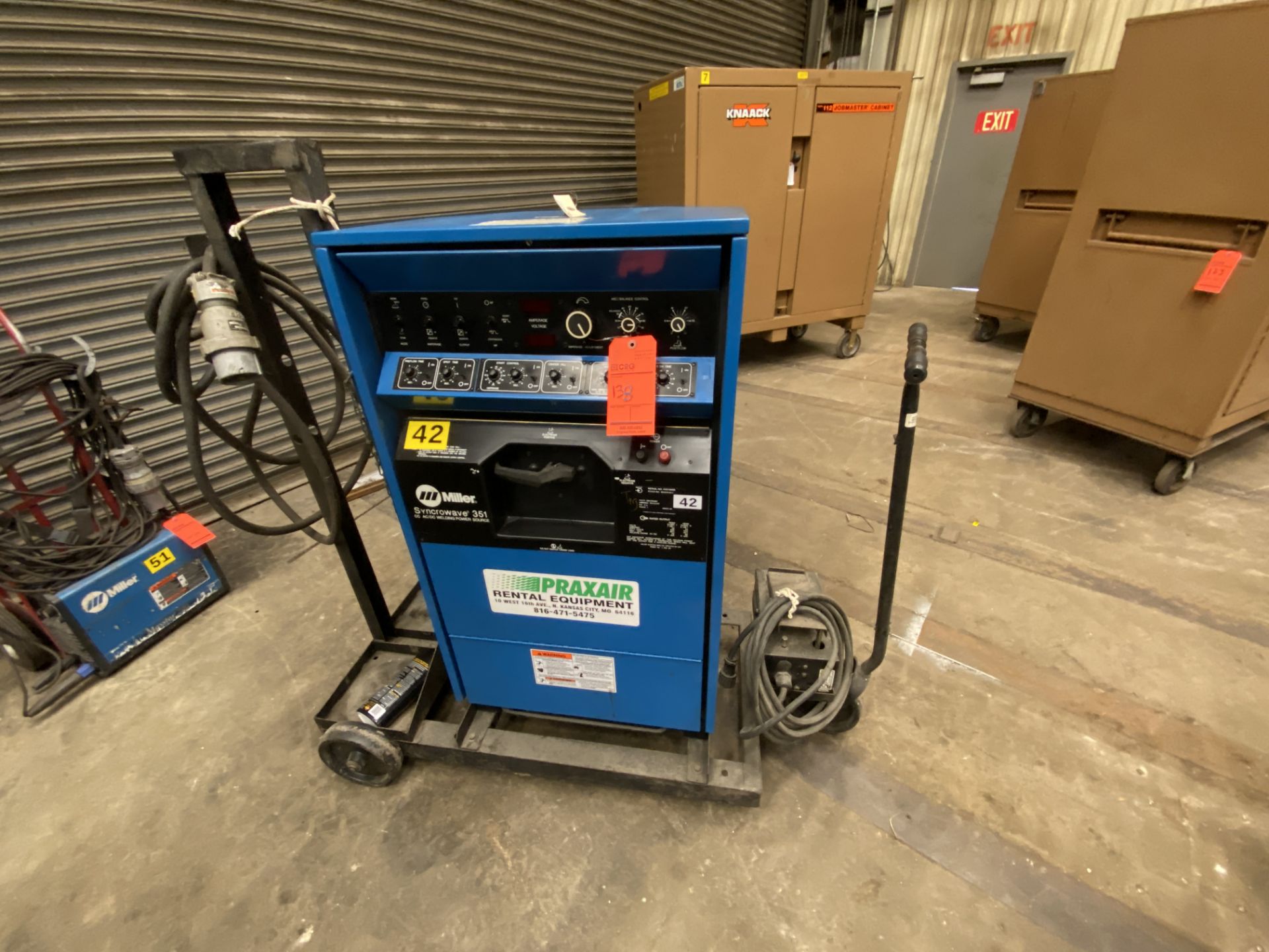 Miller synchrowave 351 CC ac/DC arc welder SN KH316085 with foot peddle controls on rolling cart