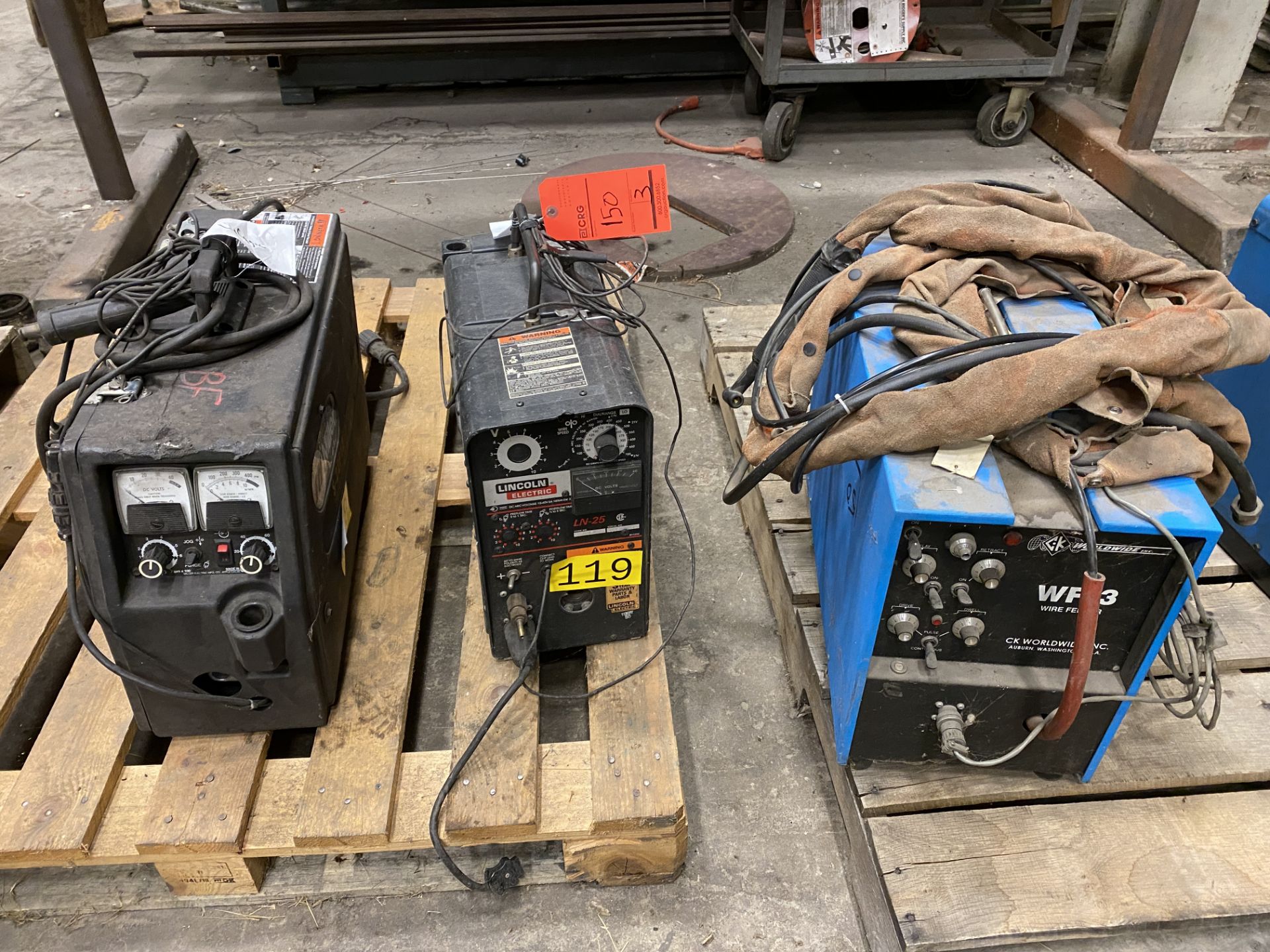 Lot of (3) welding wire feeders, including CK worldwide WF-3 wire feed, Lincoln LN-25 wire feed, and