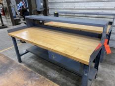 Butcher block top work table, 72" x 30" x 32" high, with single drawer, and overshelf