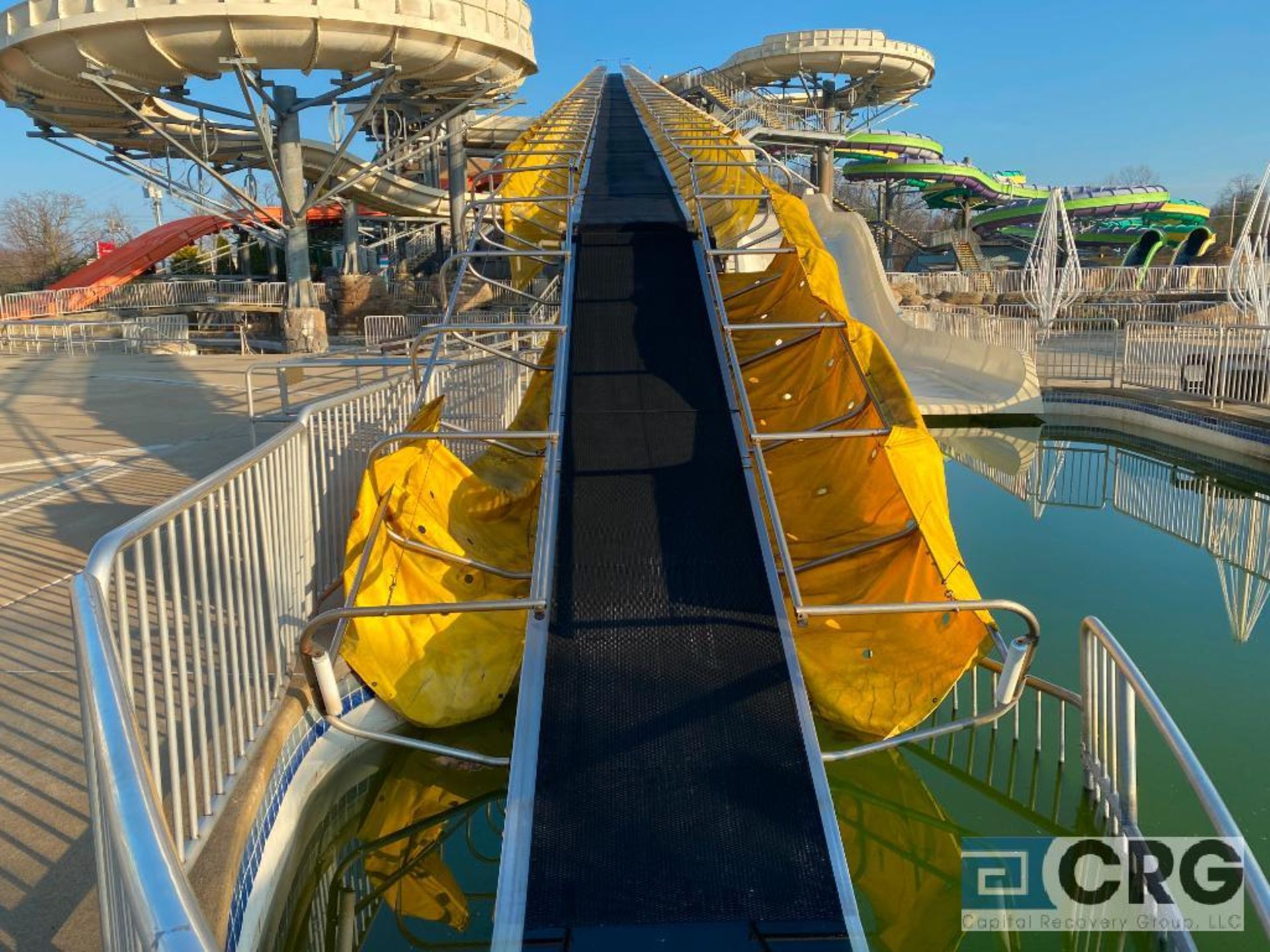 Sky River Rapids 4-person raft ride with raft and tube conveyor to top, all galvanized frame and