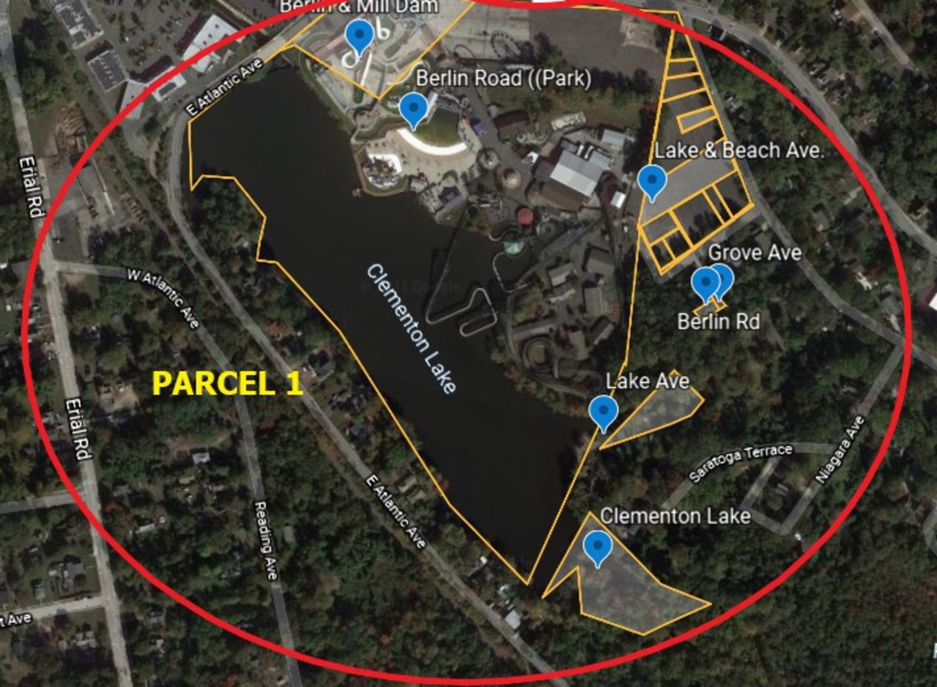 Real Estate Parcel 1, includes Berlin Road, Grove Avenue, Lake Avenue, Lake & Beach Avenue, Clemento