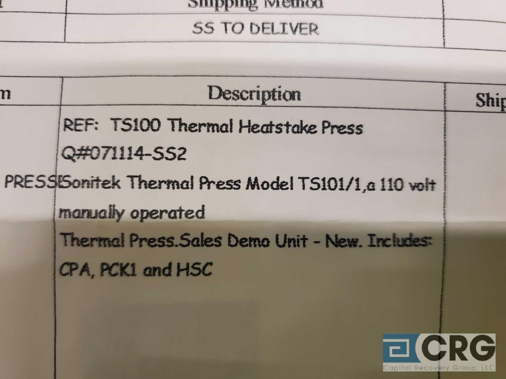 Sonitek Thermal Press TS 101/1 120 volt 1 phase - Image 4 of 4