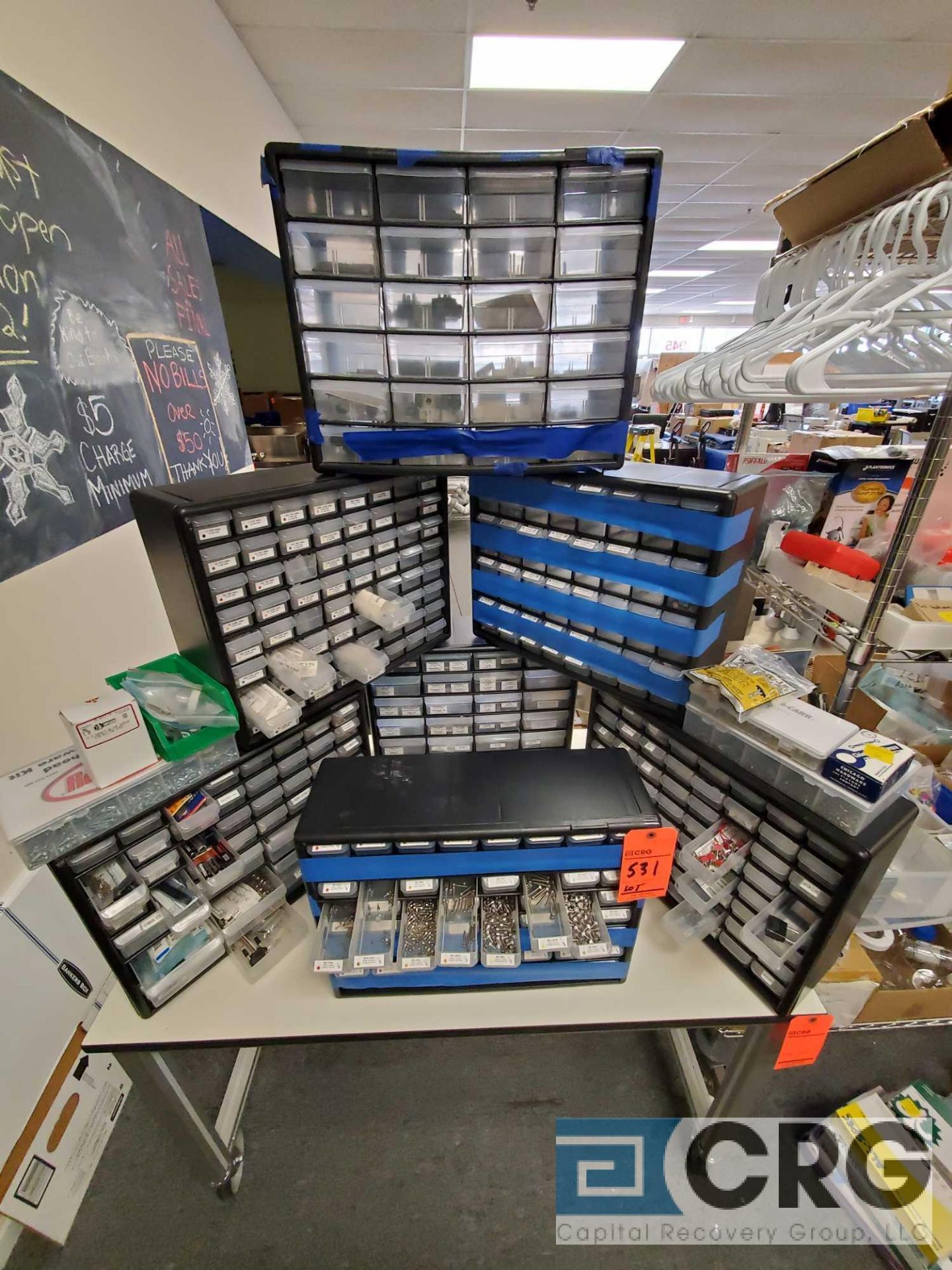 Lot of assorted hardware with storage bins and assorted resistors