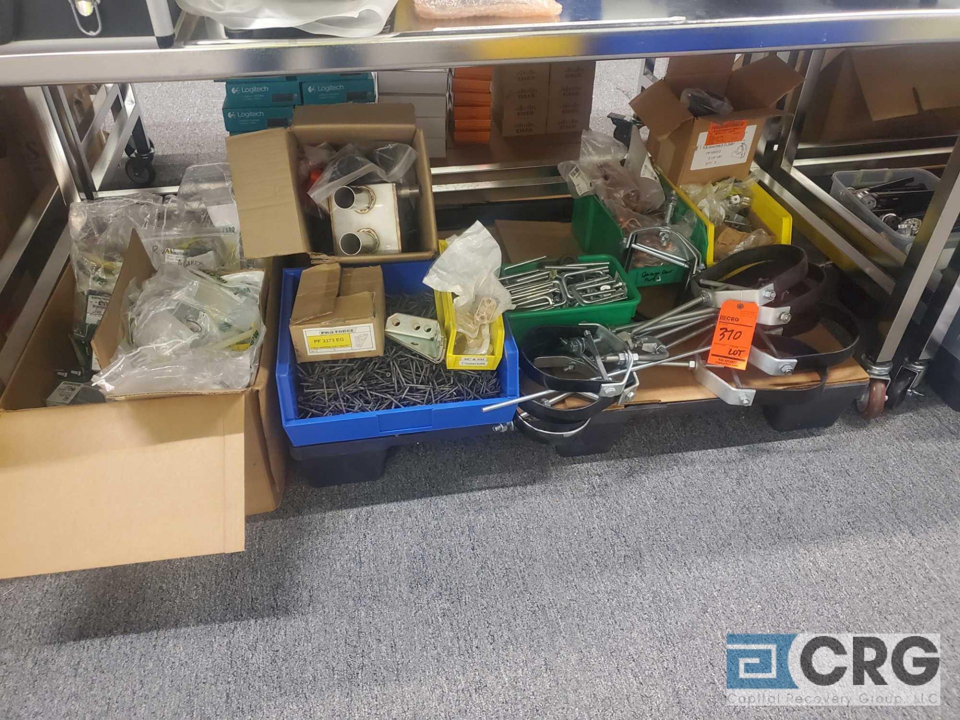 Lot of asst hardware including pipe brackets, screws, fittings, connectors etc