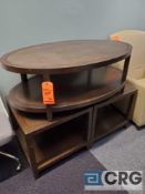 Lot of (2) 2 ft X 24 in. wood end tables, (1) 4 ft X 29 in. wood oval table