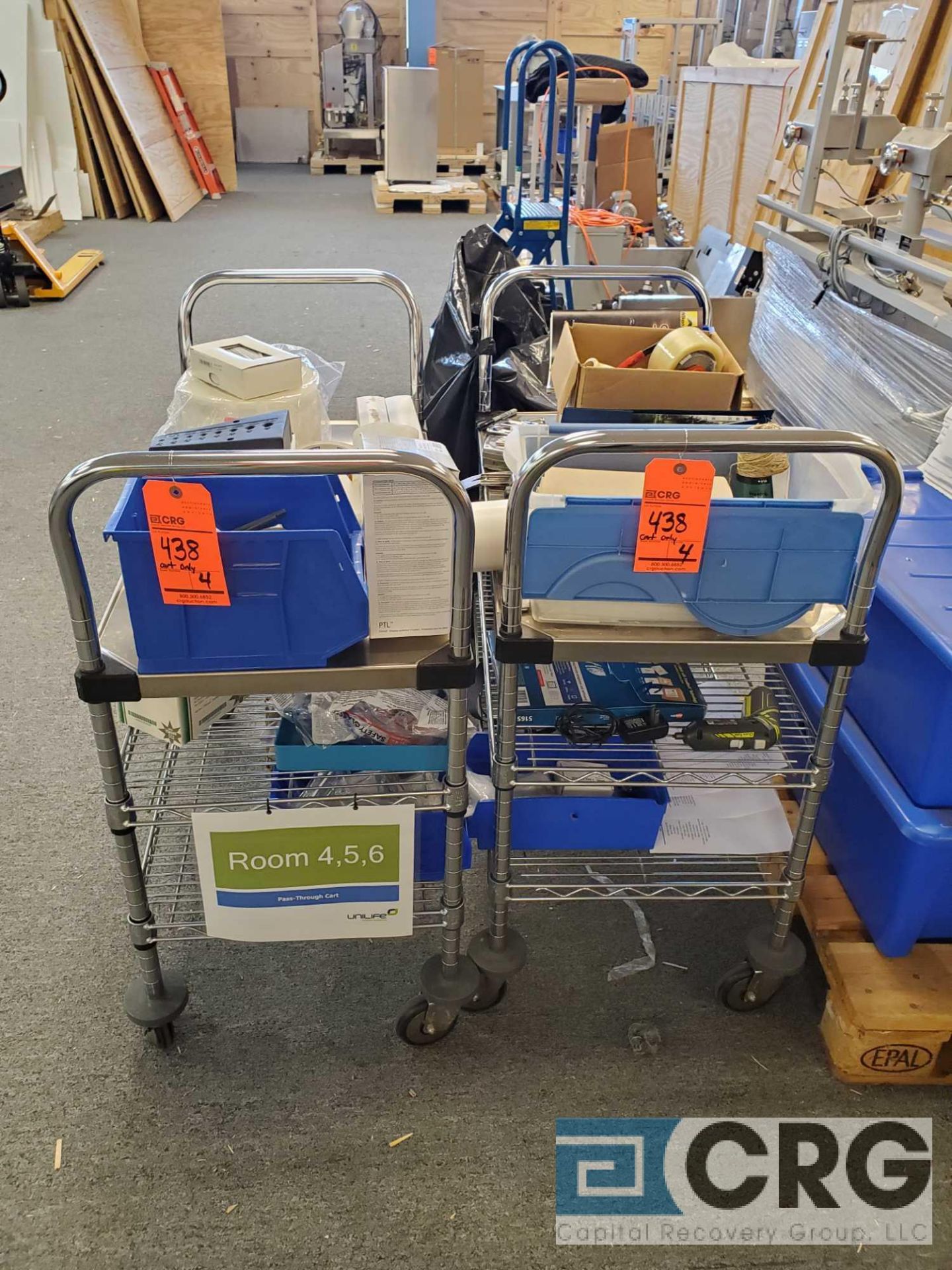 Lot of (4) Metro type shelf portable carts with solid top 3 ft X 18 in.