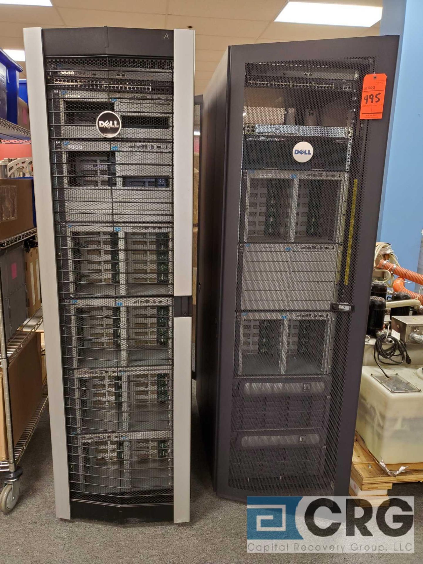 Lot of (2) Dell server cabinets and (1) bins of HP ProCurve Components