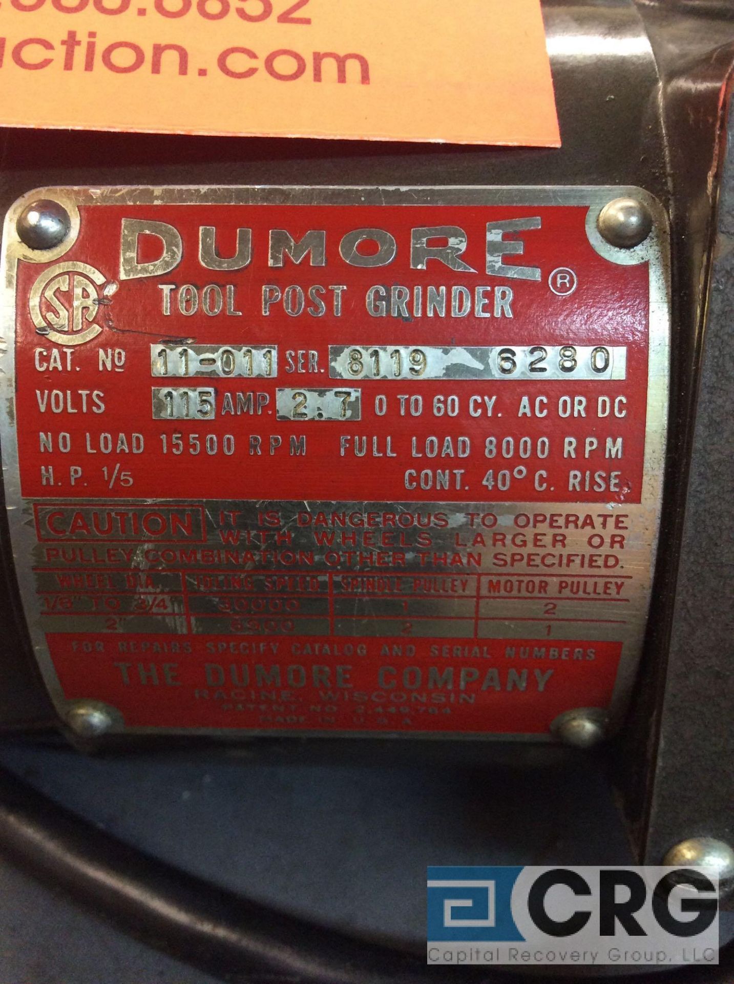 Dumore tool post grinder, mn 11-011, 1/5 HP, 1 phase with steel case (LOCATED IN TOOL ROOM MACHINE - Image 2 of 2