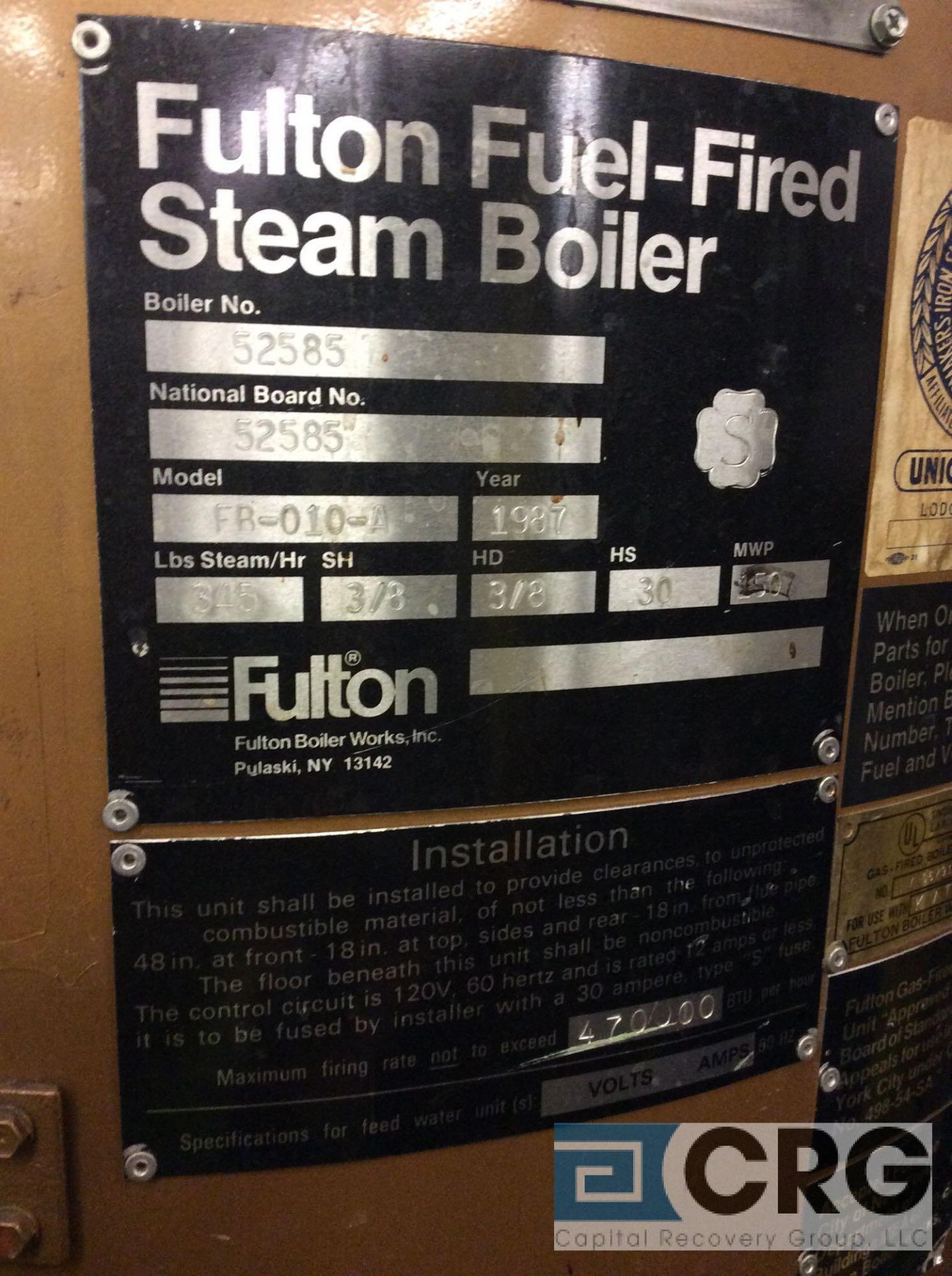 Fulton FB-010-A fuel fired steam boiler, 345 lbs steam/hour, 150 MWP, 470,000 BTU max firing rate - Image 2 of 3