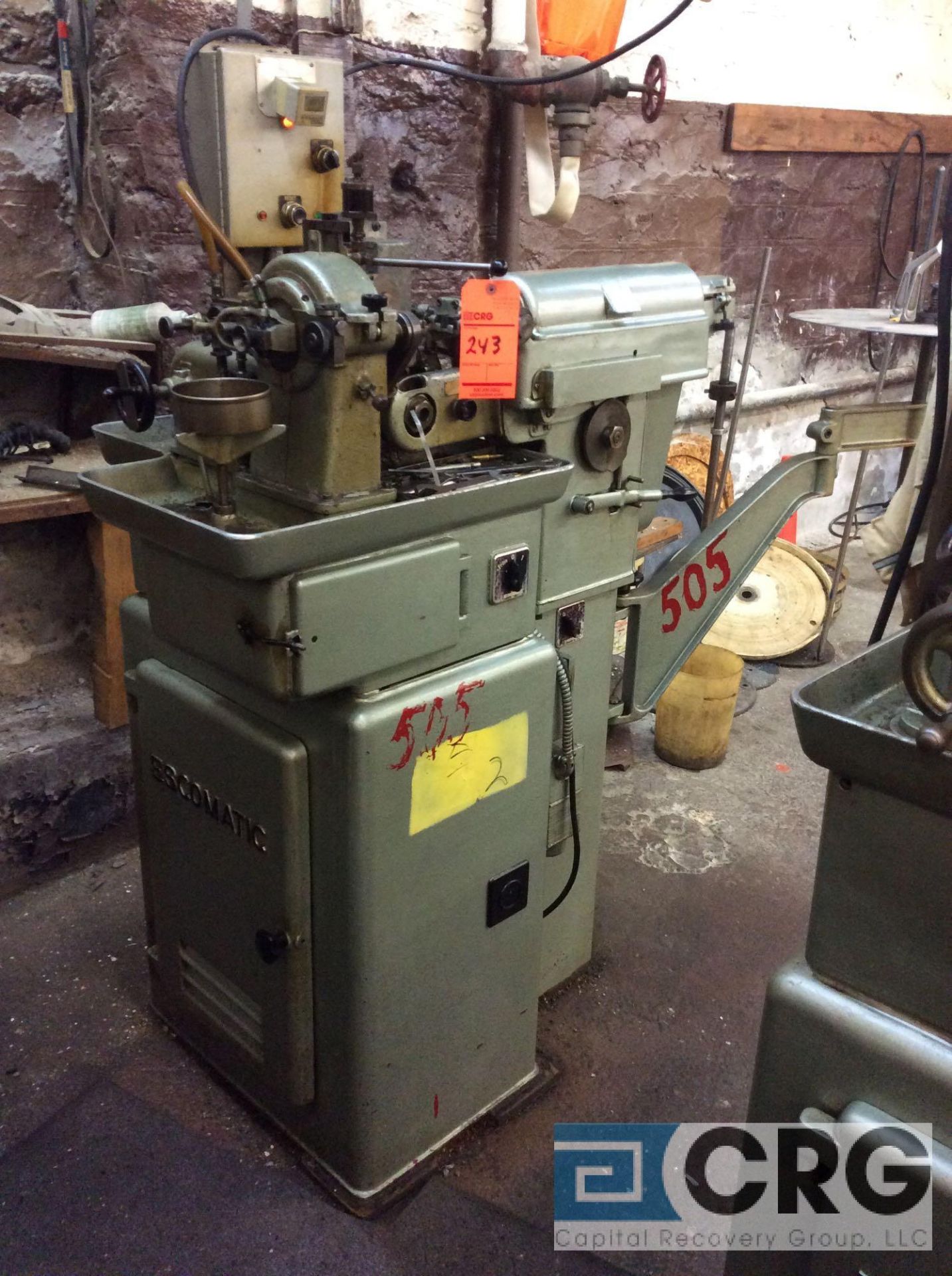 Escomatic Model D2 screw machine, coil fed, 3/16 max wire dia, with wire payoffs and rotary