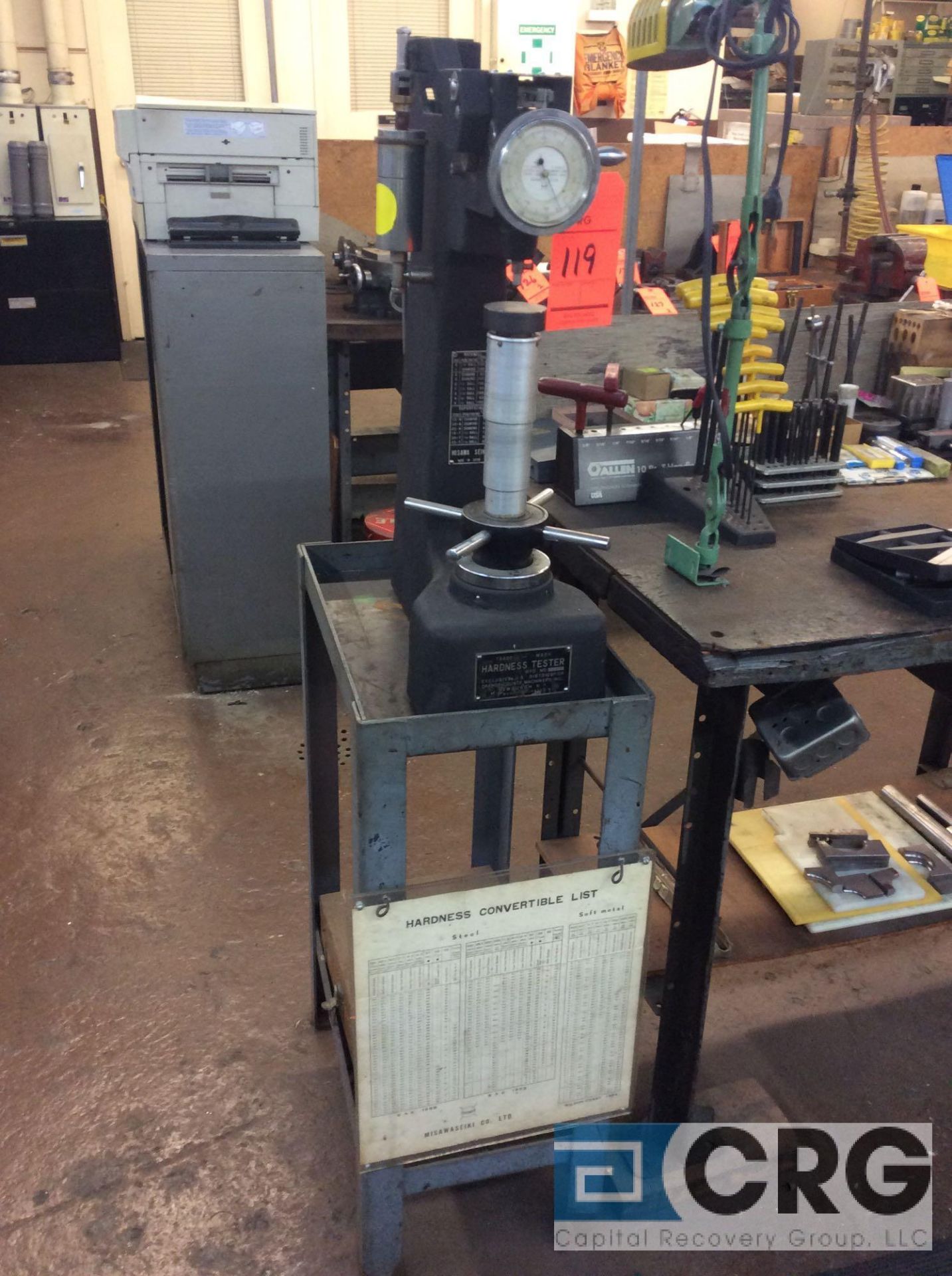 Rockwell hardness tester, sn 66410 with accessories case and stand (LOCATED IN TOOL ROOM MACHINE