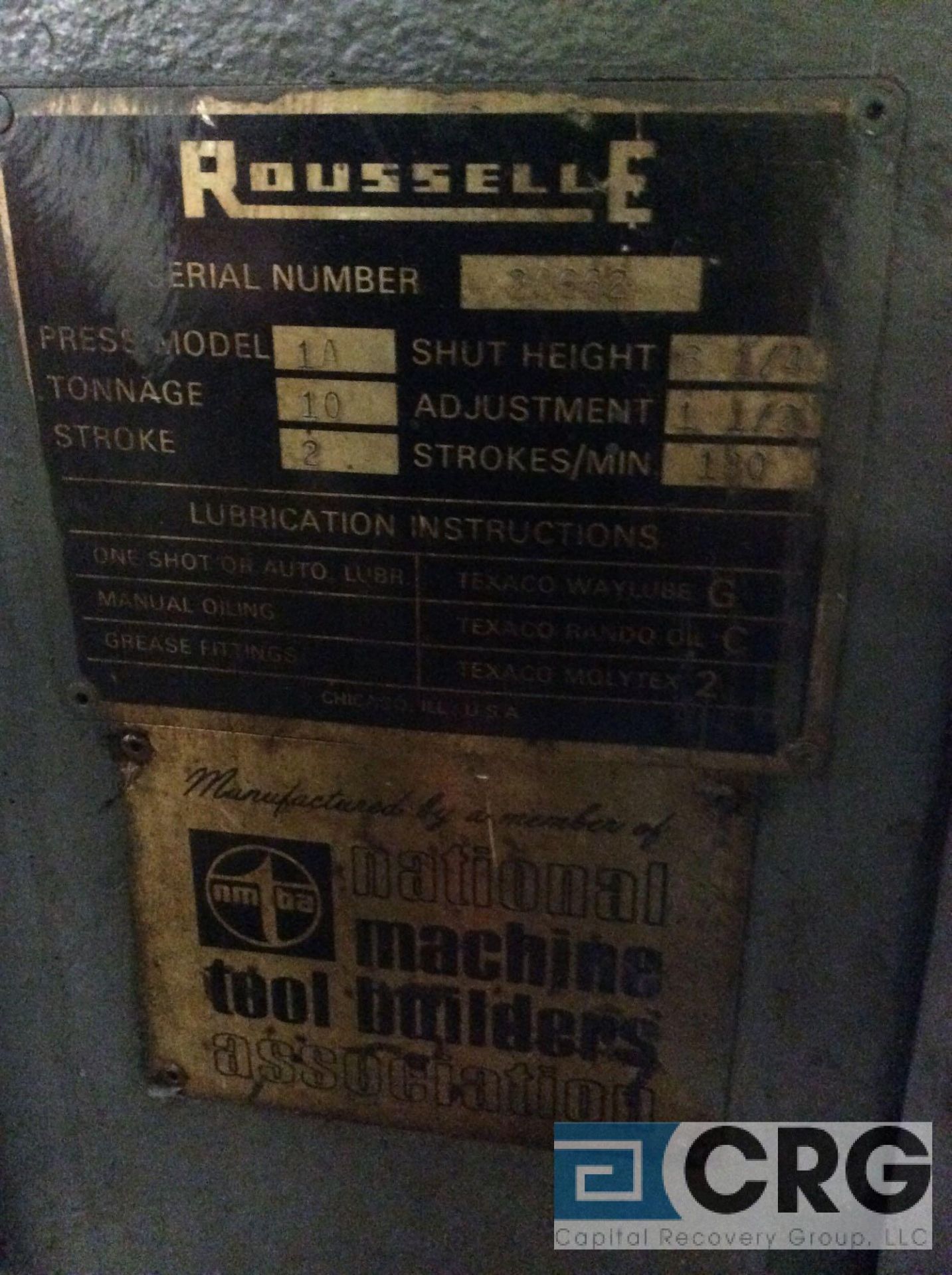 Rousselle 1A 10 ton punch press, sn 20662, 2 inch stroke, 6 1/4 inch shut height, 1 1/2 inch - Image 3 of 4