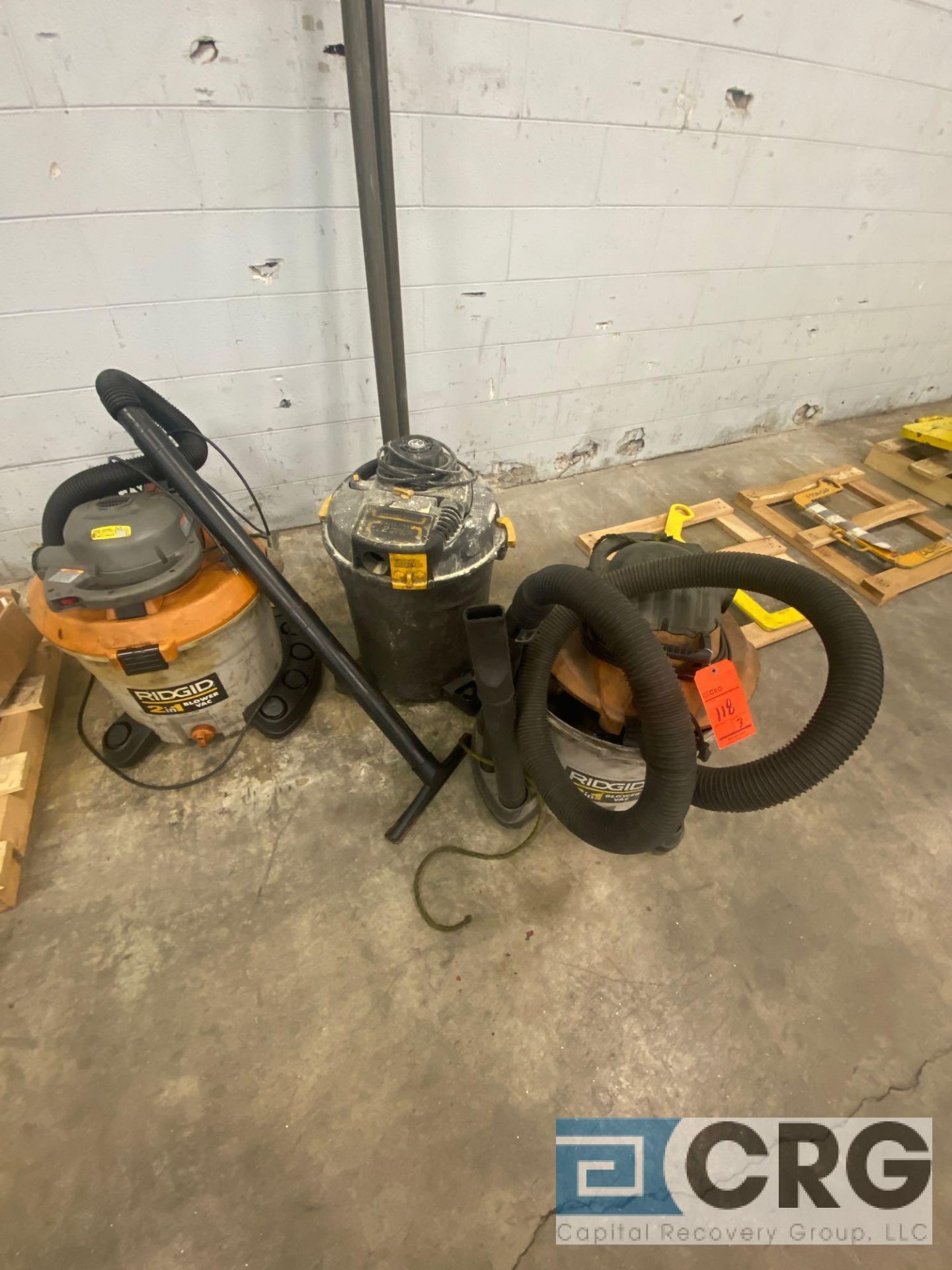 Lot of (3) mobile 2-in-1 blower vacuum units, including (2) Rigid units and (1) Hoover Powermax Plus