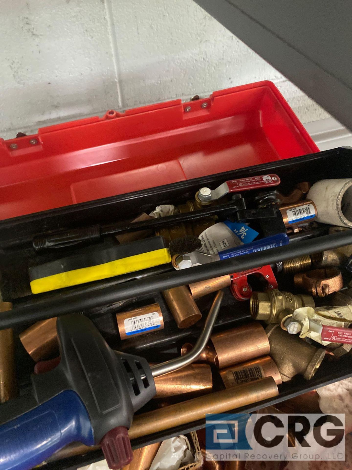Plumbers tool box with assorted plumbing tools, pieces and materials, including bernzomatic torch - Image 5 of 5