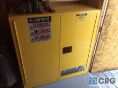 Lot of landscaping items including Just Rite flammable liquids storage cabinet, Ryobi string