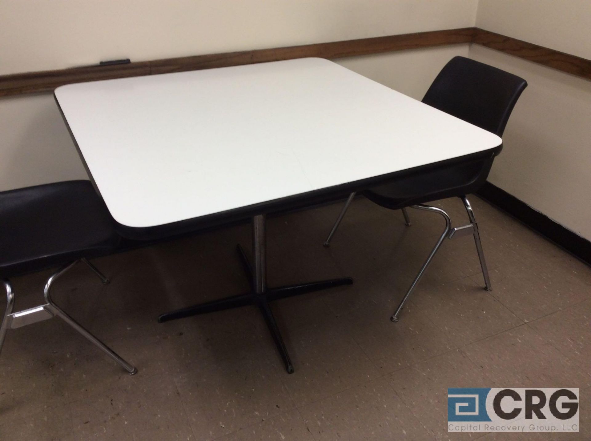 Lot of breakroom furniture including (4) 42 inch X 42 inch pedestal tables and (18) plastic stack - Image 2 of 3