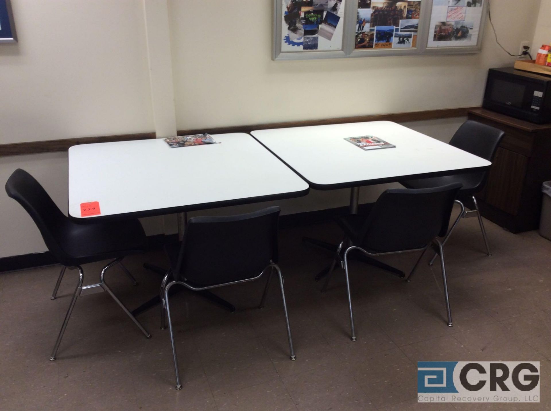 Lot of breakroom furniture including (4) 42 inch X 42 inch pedestal tables and (18) plastic stack