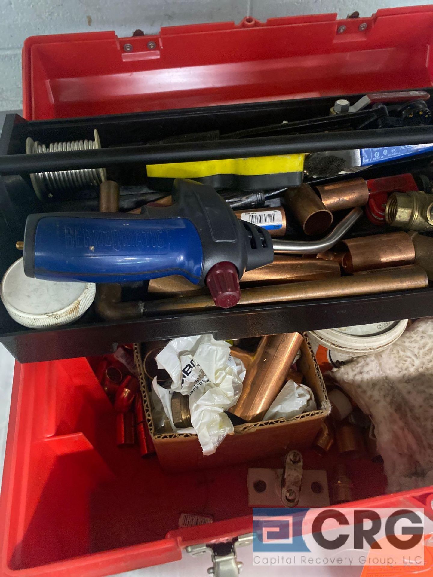 Plumbers tool box with assorted plumbing tools, pieces and materials, including bernzomatic torch - Image 2 of 5