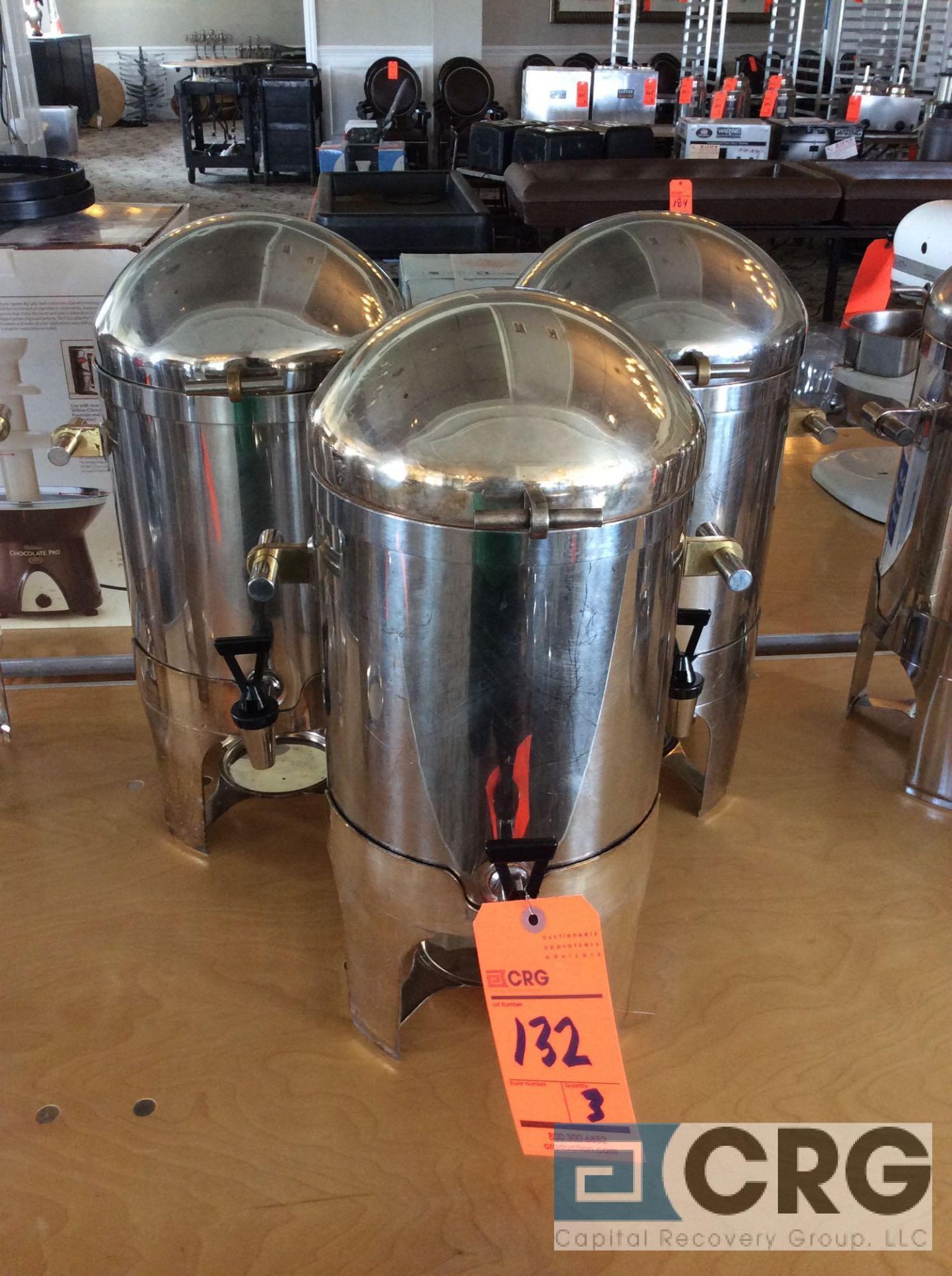 Lot of (2) stainless steel 30 cup hot beverage dispensers with chafing fuel holder