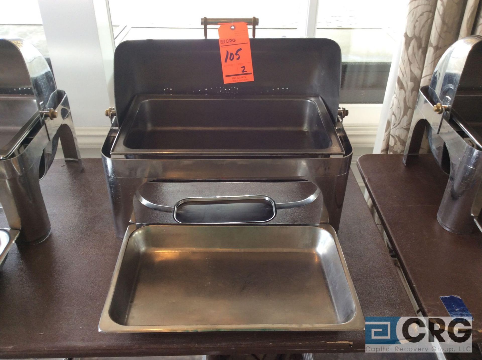 Lot of (2) commercial steel grade roll top chafing dishes, 27 X 19 X 22 inch tall with food and - Image 2 of 2