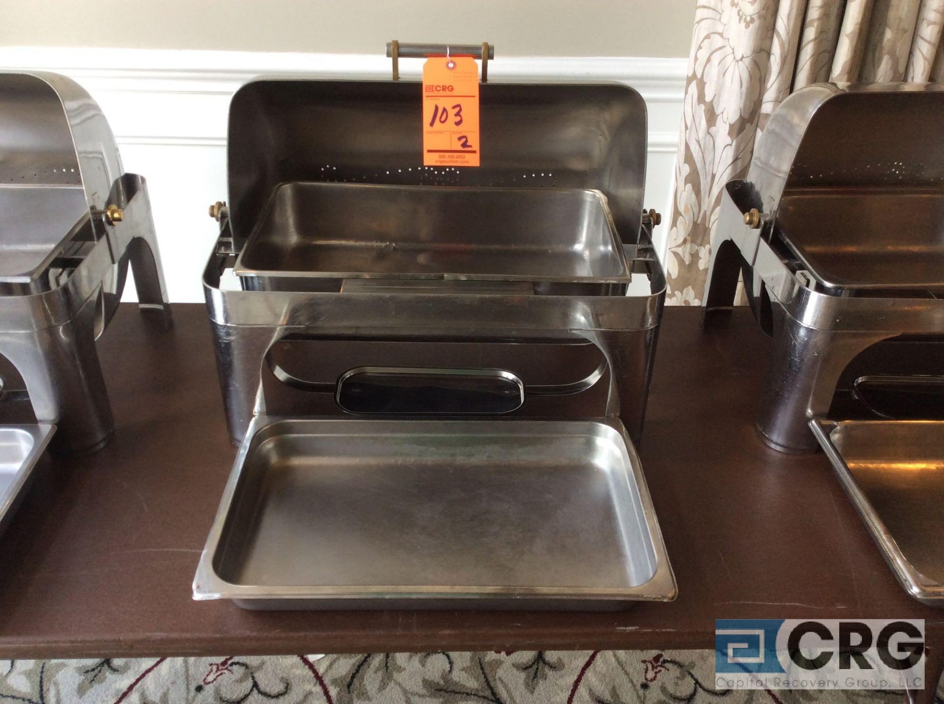 Lot of (2) commercial steel grade roll top chafing dishes, 27 X 19 X 22 inch tall with food and - Image 2 of 2