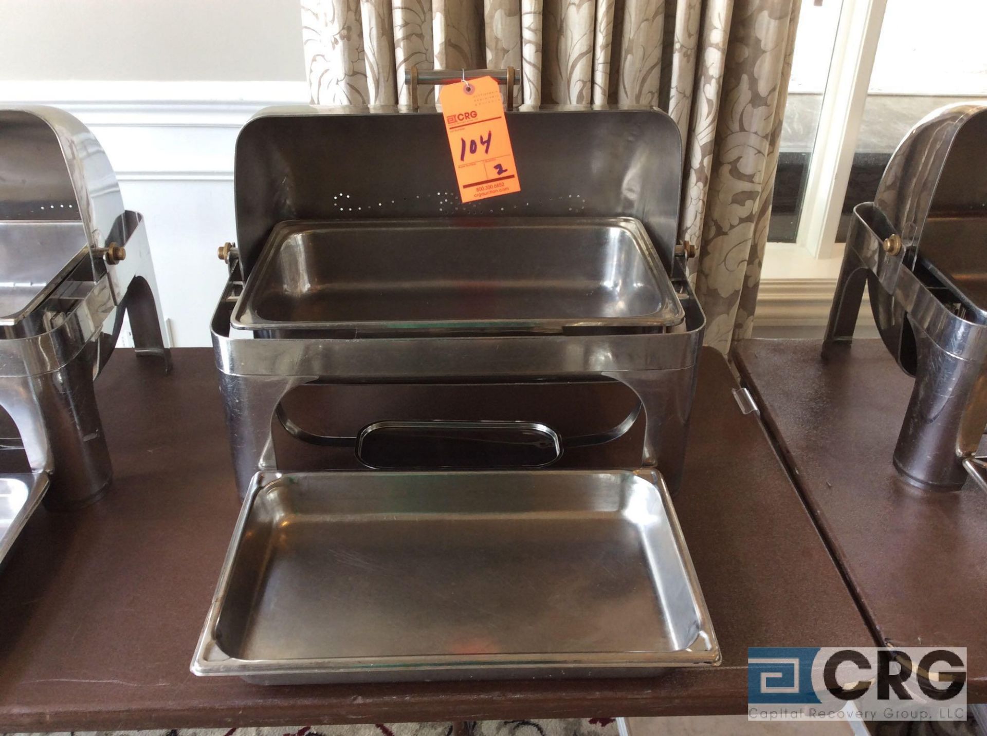 Lot of (2) commercial steel grade roll top chafing dishes, 27 X 19 X 22 inch tall with food and