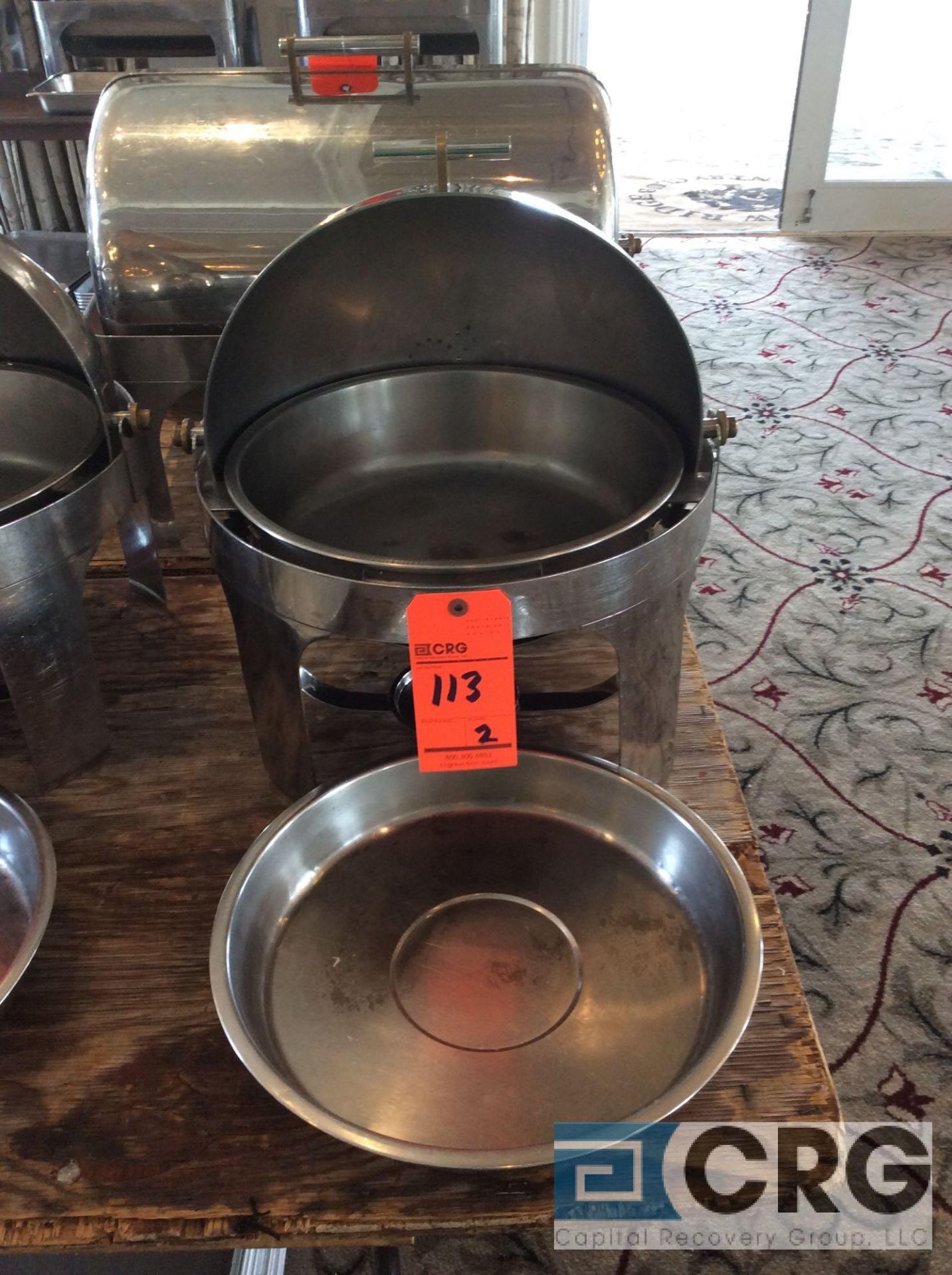 Lot of (2) commercial steel grade roll top chafing dishes, 19 inch diameter X 20 inch tall with food - Image 2 of 2