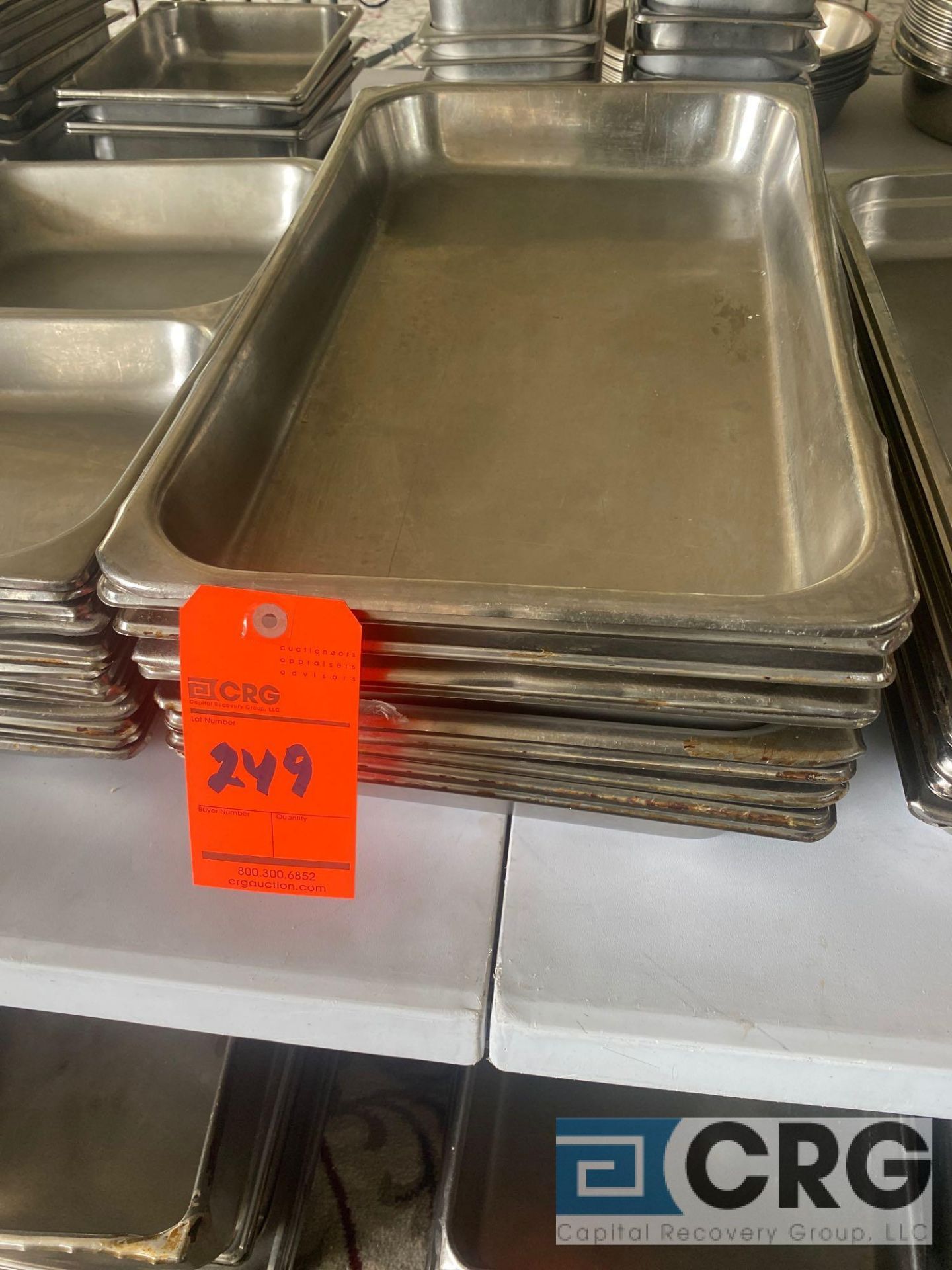 Lot of (11) shallow stainless steel steam table pans, 21 inch x 12.5 x 2.5 inch deep