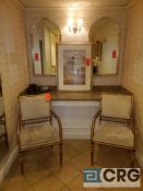 Lot of (2) upholstered and wood arm chairs, 36 inch wood table, (2) mirrors, and (4) pictures (