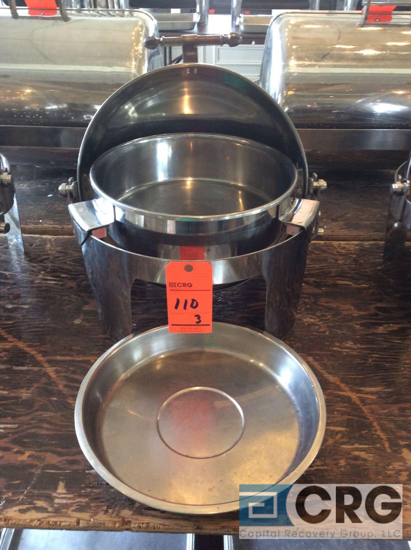 Lot of (3) commercial steel grade roll top chafing dishes, 20 inch diameter X 20 inch tall with food - Image 2 of 3