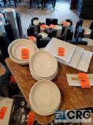 Lot of assorted serving trays, bowls, and platters, including (10) 13.5 inch white square ceramic