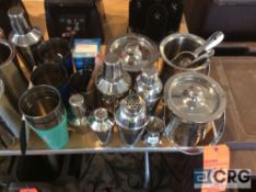 Lot of asst bar drink shakers, ice cube pots, and fruit wedge buckets