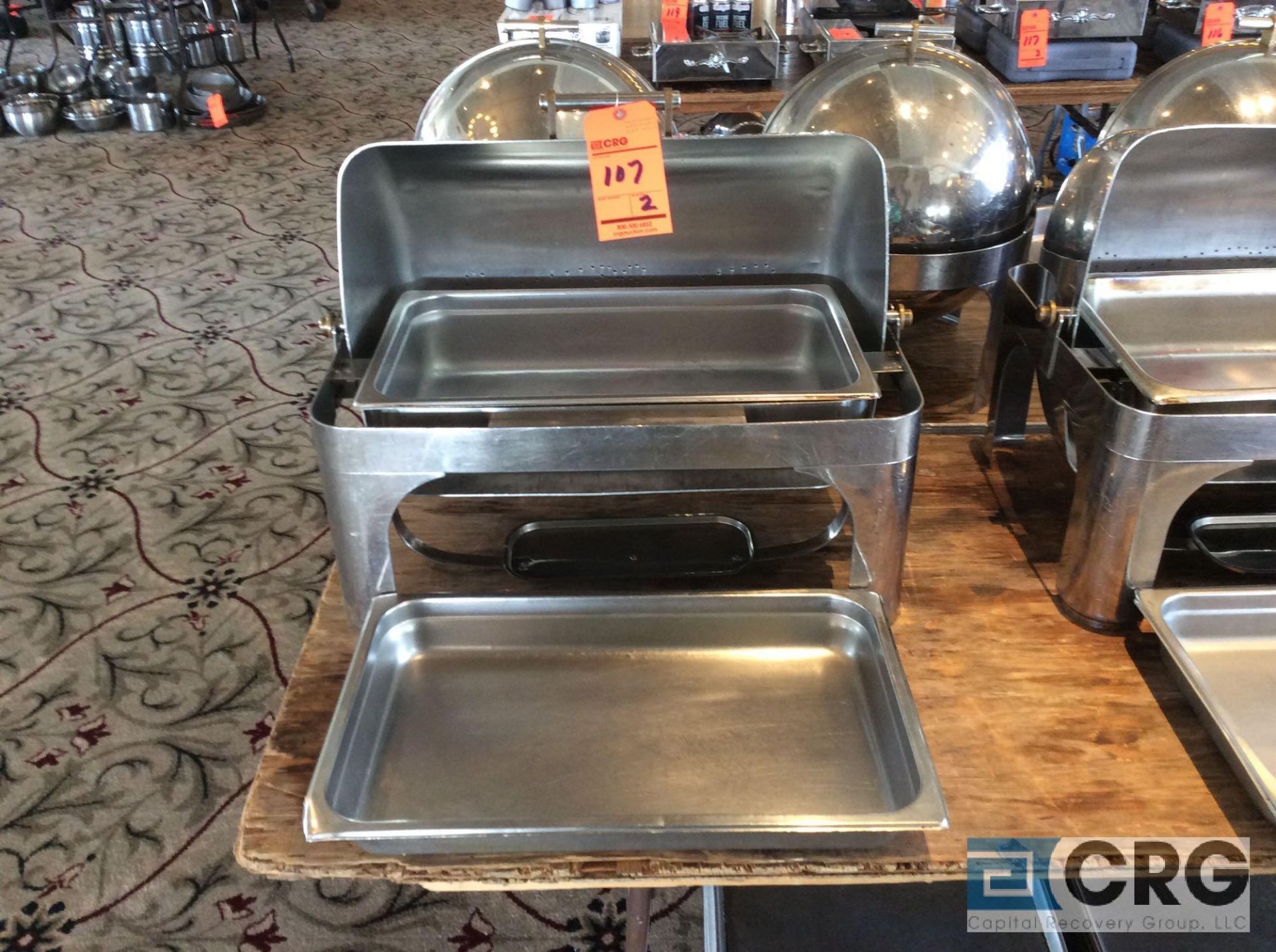 Lot of (2) commercial steel grade roll top chafing dishes, 27 X 19 X 22 inch tall with food and - Image 2 of 2