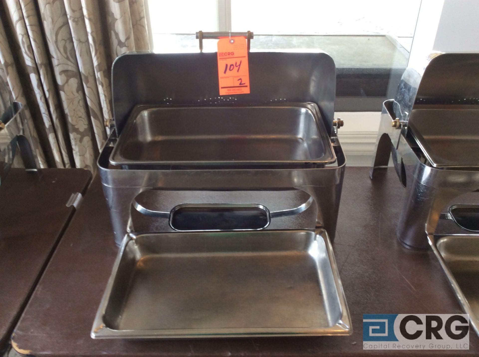 Lot of (2) commercial steel grade roll top chafing dishes, 27 X 19 X 22 inch tall with food and - Image 2 of 2