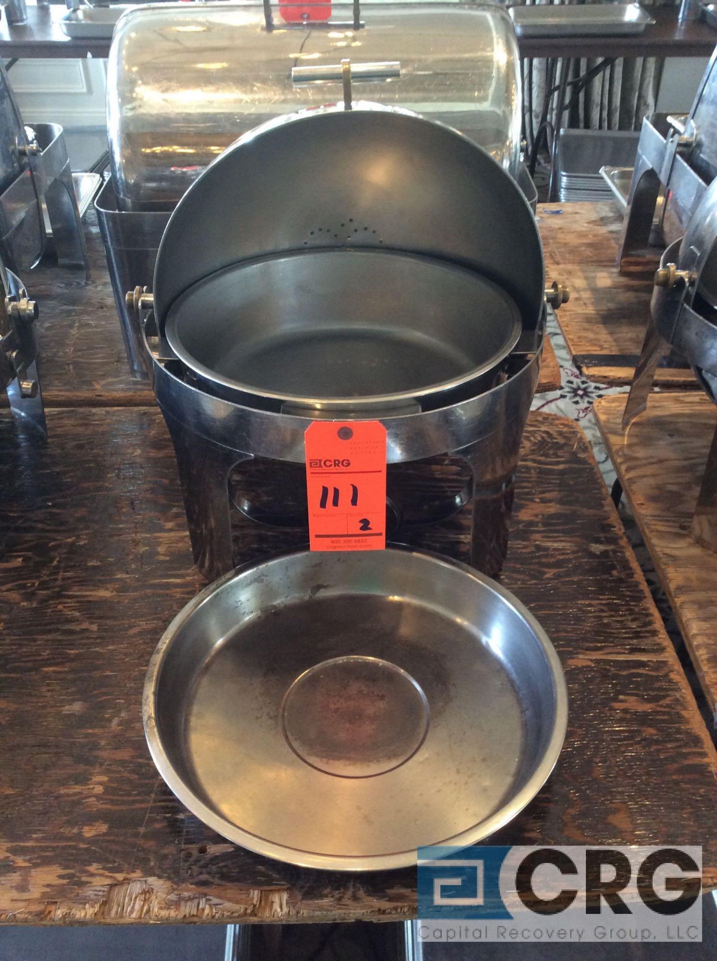 Lot of (2) commercial steel grade roll top chafing dishes, 19 inch diameter X 20 inch tall with food - Image 2 of 2