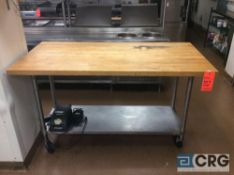 5 foot stainless steel portable prep table with under shelf and 5 foot butcher block top