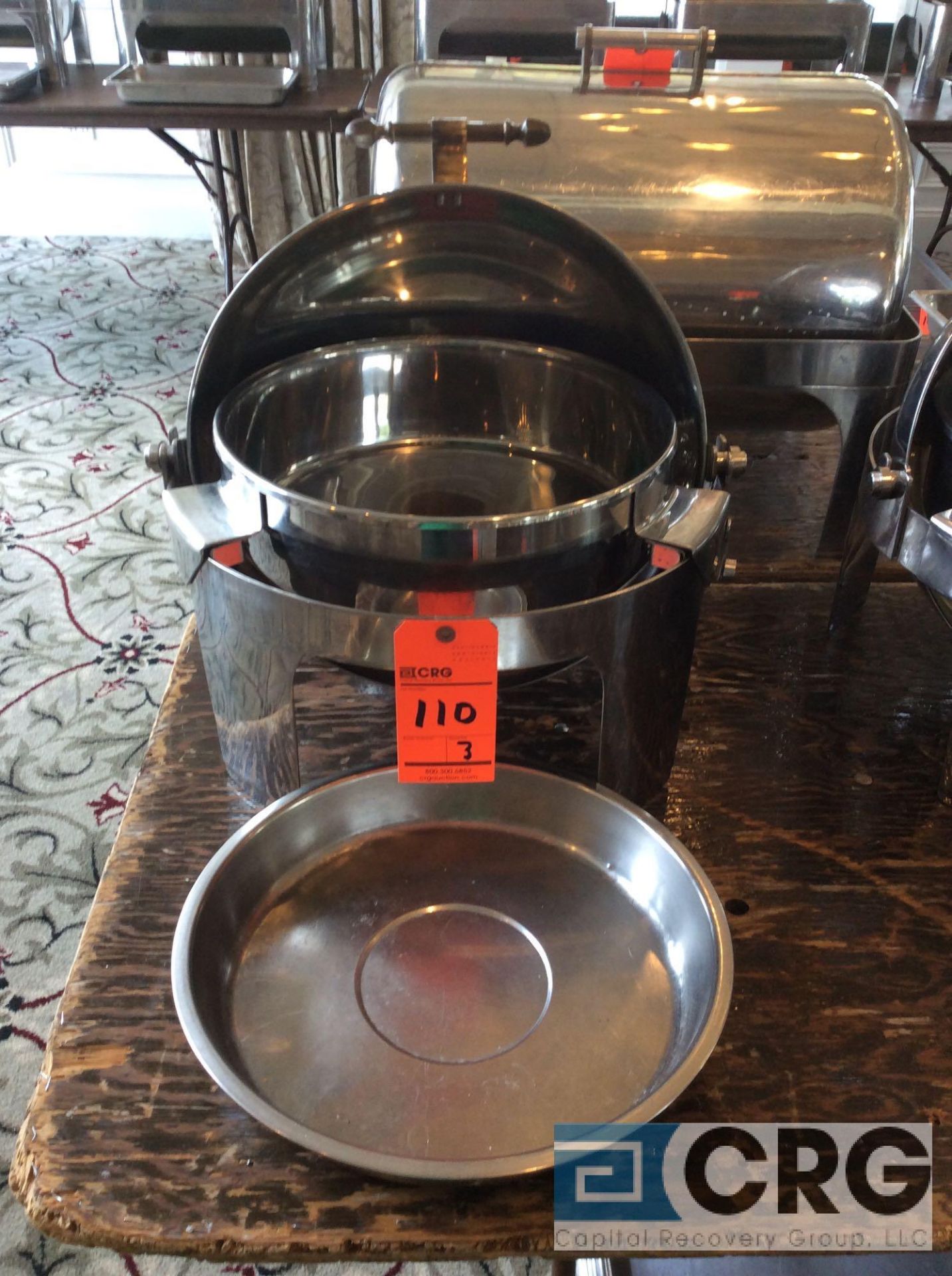 Lot of (3) commercial steel grade roll top chafing dishes, 20 inch diameter X 20 inch tall with food