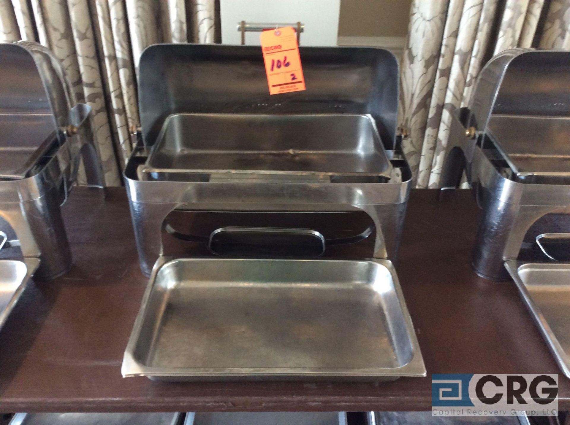 Lot of (2) commercial steel grade roll top chafing dishes, 27 X 19 X 22 inch tall with food and - Image 2 of 2