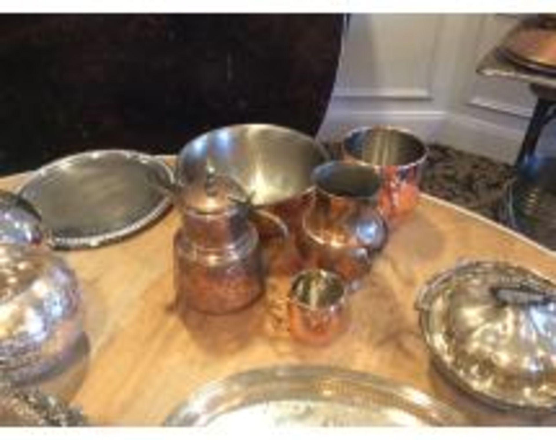 Lot of assorted punch bowls with plastic scoops, silver plated trays, copper serving cups, glassware - Image 2 of 5