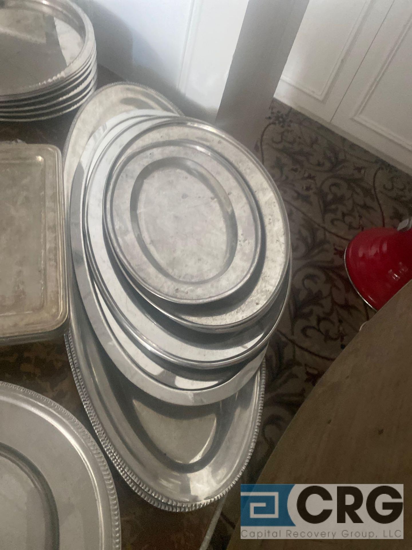 Lot of assorted metal and plastic serving trays platters, including (6) trays with a gadroon edge- - Image 6 of 7