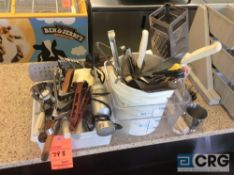 Lot of asst cooking and serving utensils, plastic self serve displays and plastic ware dispensers