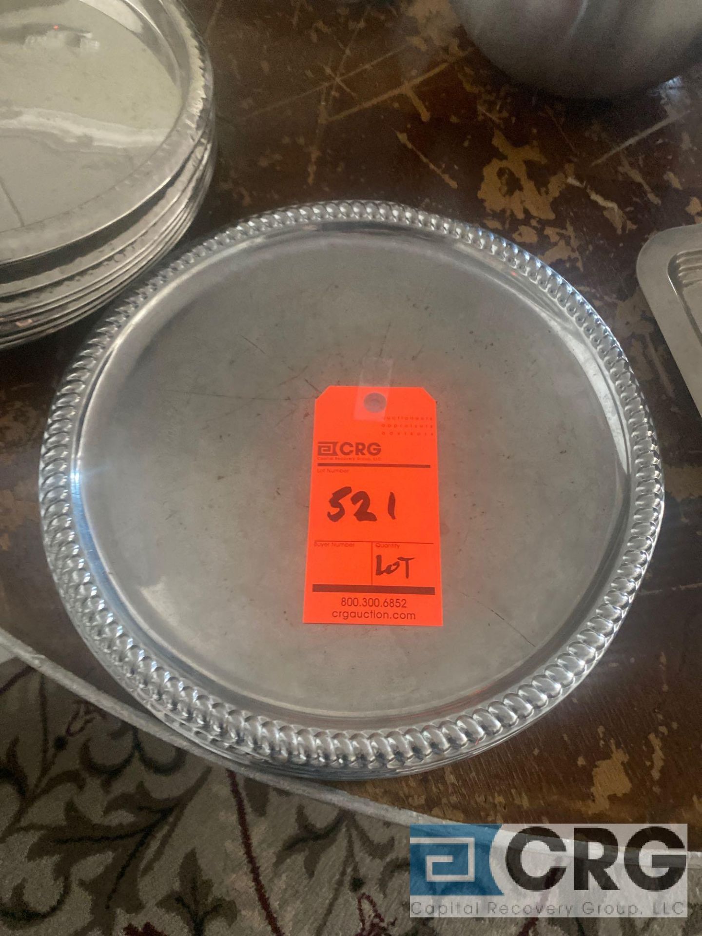 Lot of assorted metal and plastic serving trays platters, including (6) trays with a gadroon edge- - Image 2 of 7