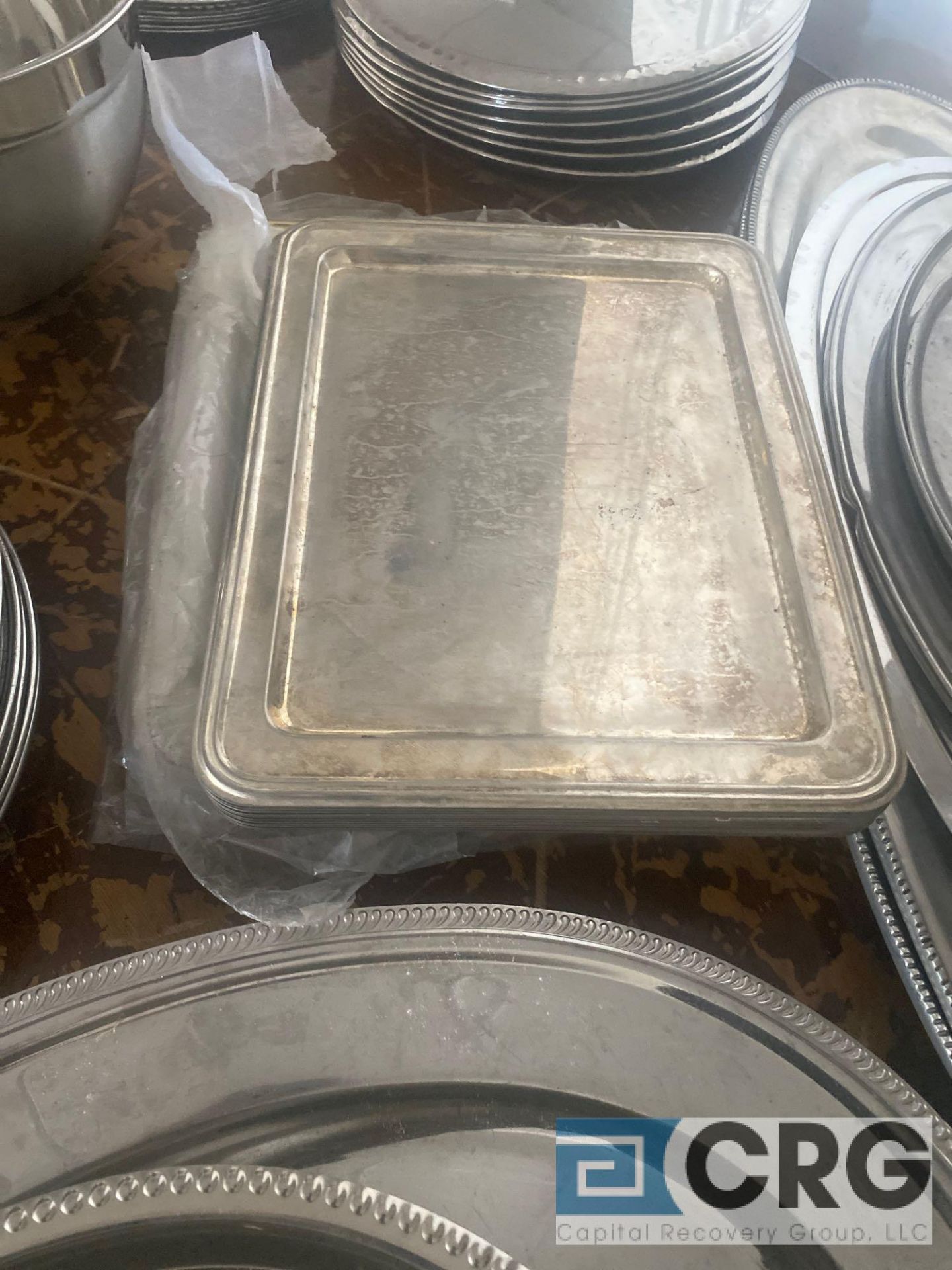 Lot of assorted metal and plastic serving trays platters, including (6) trays with a gadroon edge- - Image 7 of 7