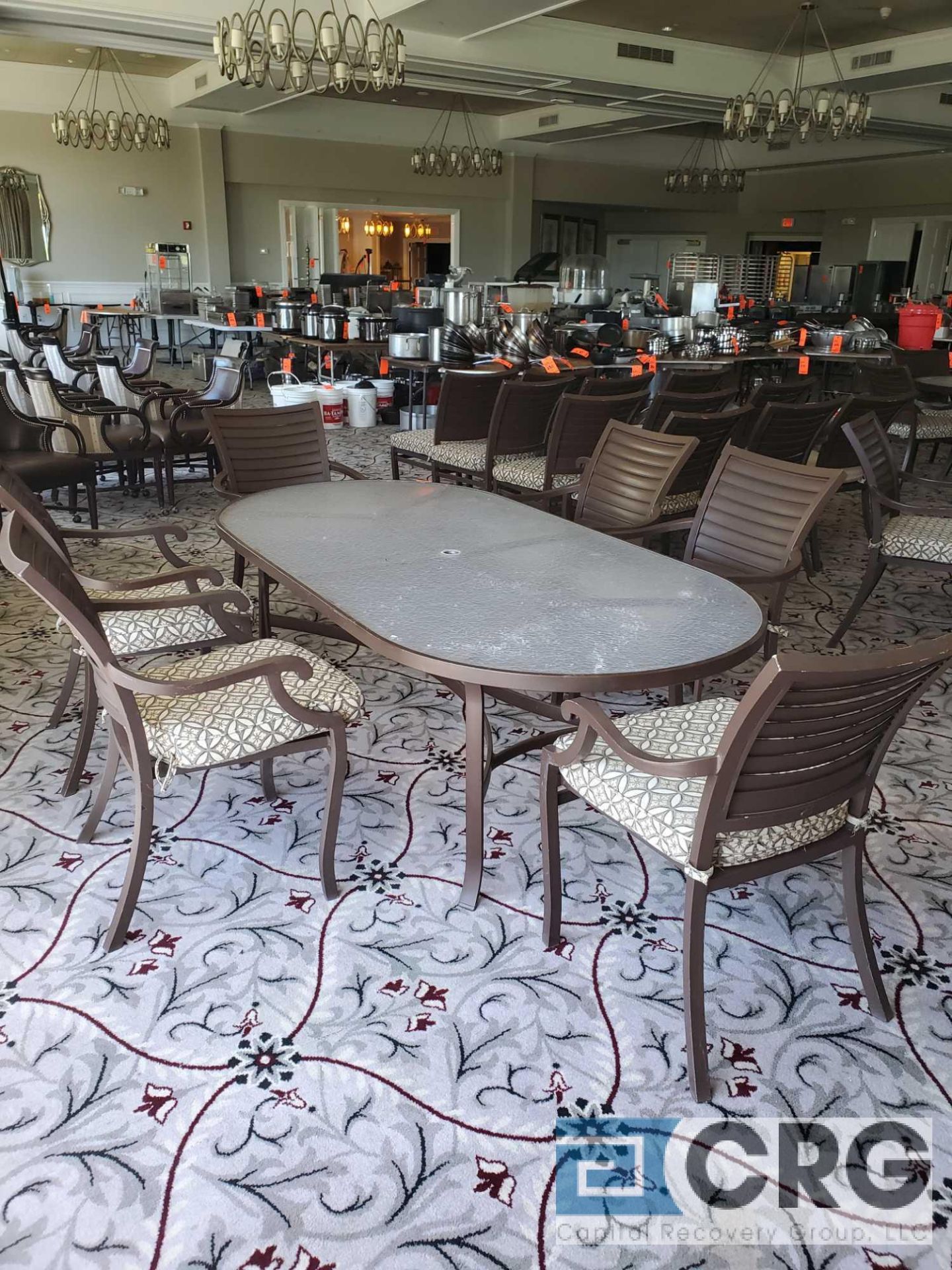 7 piece set of outdoor furniture including (6) metal chairs with cushions, and (1) 7 foot x 42 in. - Image 2 of 2