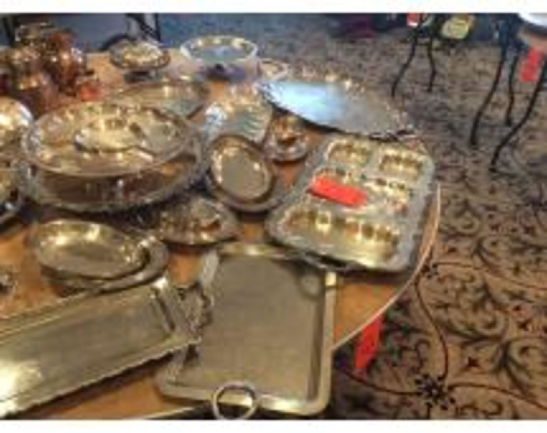Lot of assorted punch bowls with plastic scoops, silver plated trays, copper serving cups, glassware - Image 4 of 5