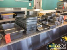 Lot of asst stainless steel service trays and insert pans