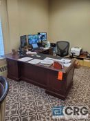 Lot of office furniture to include wooden L-shaped desk and 5 piece round conference table with