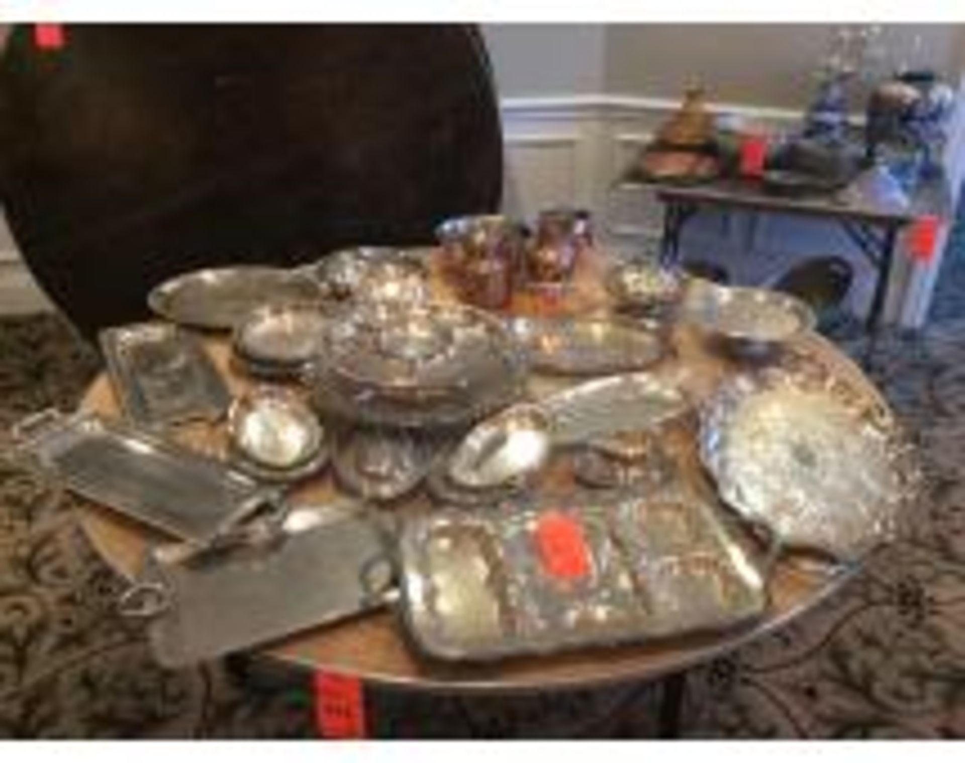 Lot of assorted punch bowls with plastic scoops, silver plated trays, copper serving cups, glassware