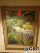 Metal-framed painting of flower landscape 45 X 57 inches